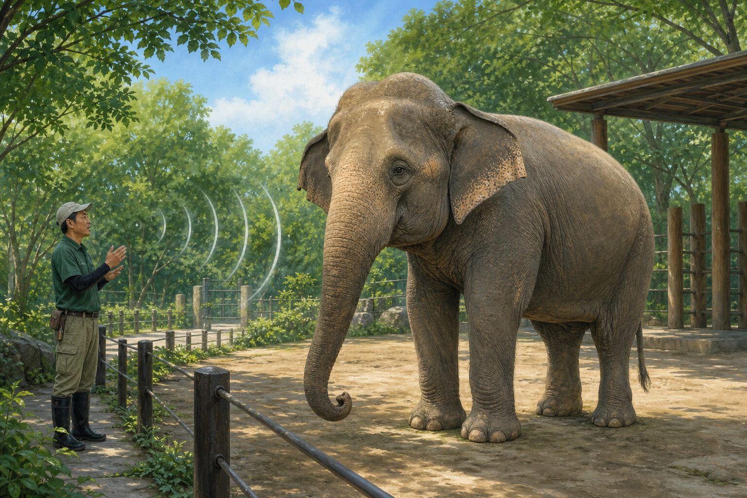 少し離れた飼育員の声に耳を傾けるアジアゾウの科学イラスト