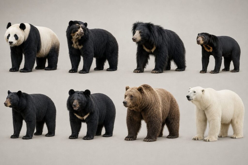現生クマ科8種を2段4列で横並びにした比較図
