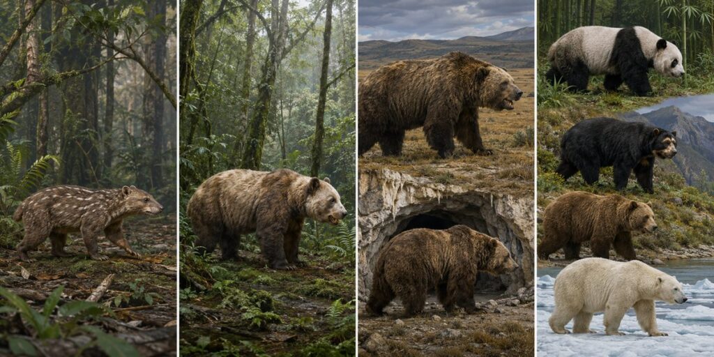初期のクマ型食肉類、初期クマ科、更新世の大型グマ、現生クマの多様化を4面で示した図