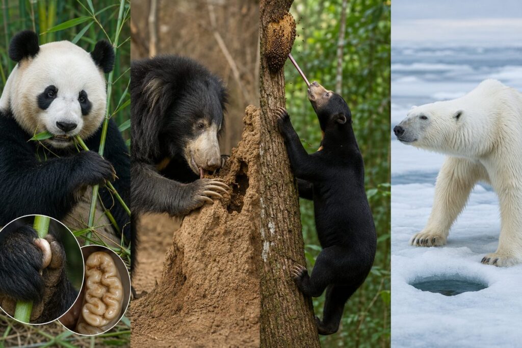 パンダの偽の親指、ナマケグマの昆虫食、マレーグマの木登り、ホッキョクグマの海氷適応を示した図