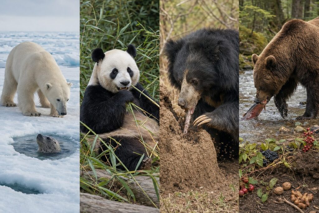 アザラシを待つホッキョクグマ、竹を食べるパンダ、シロアリを食べるナマケグマ、サケを食べるヒグマの比較