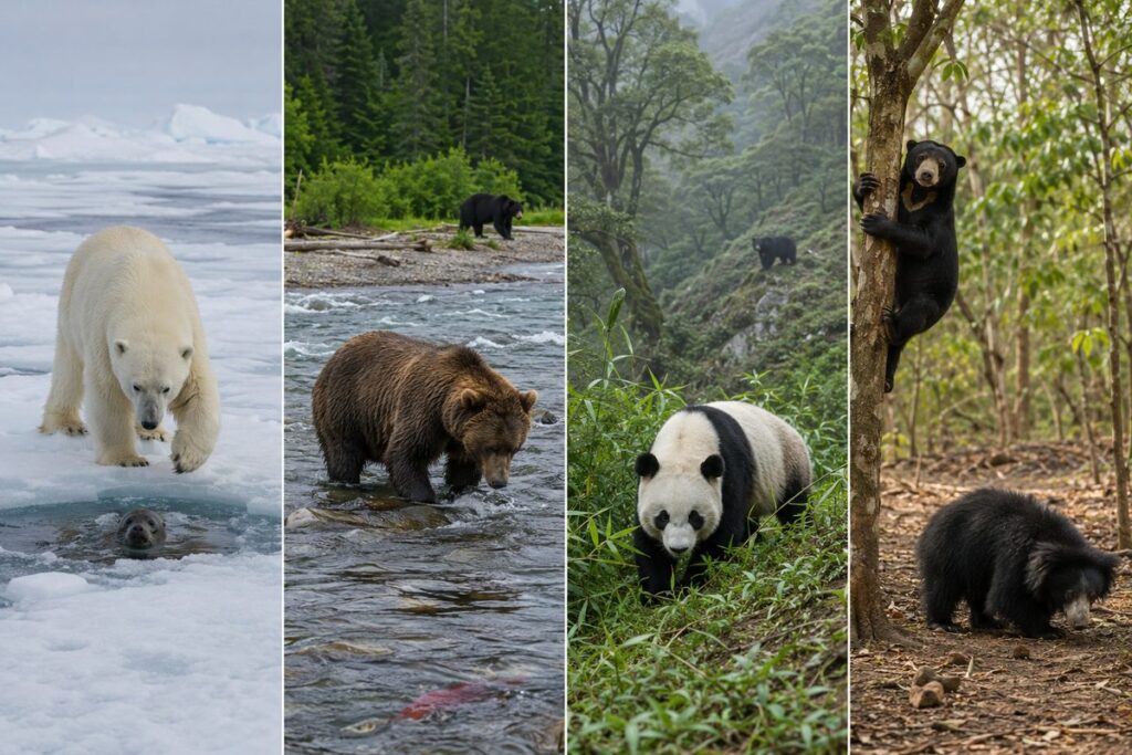 海氷、北米の森林、アジアの山地林、熱帯林に暮らすクマを4面で比較した図