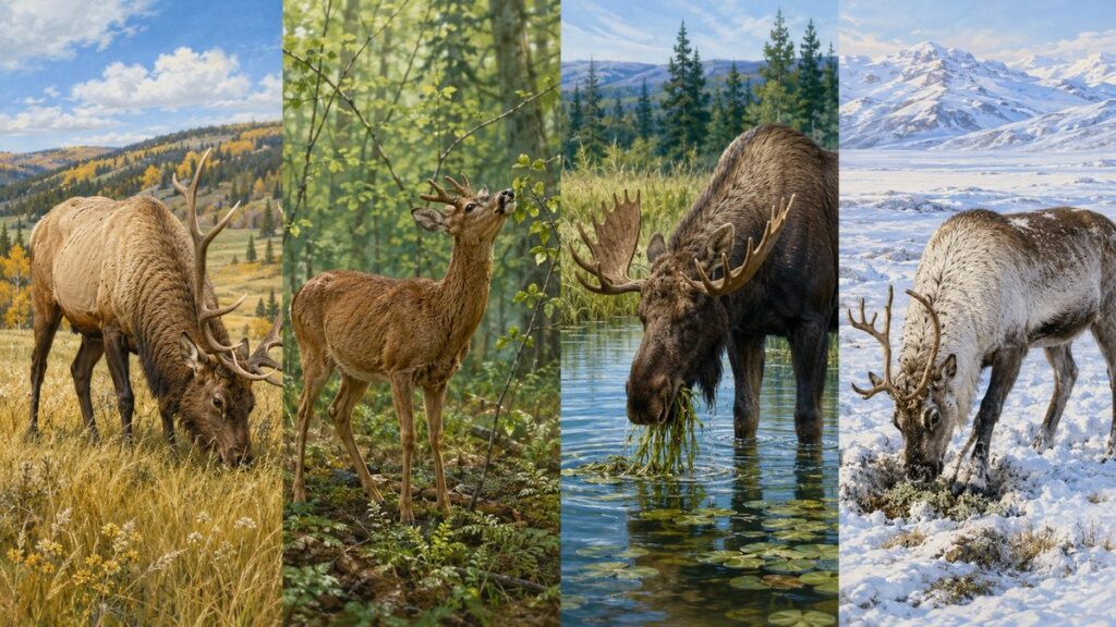 草、若葉と枝、水草、地衣類を食べる4タイプのシカを比較した図