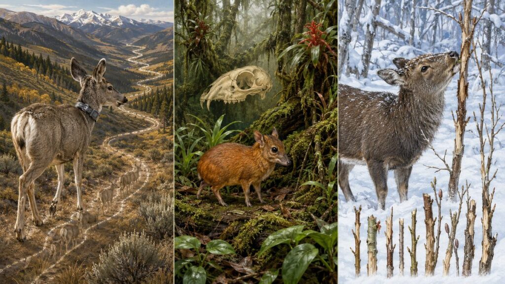 GPS首輪のミュールジカ、記憶された移動路、ペルーの新種、雪中で樹皮を食べるニホンジカを示す図