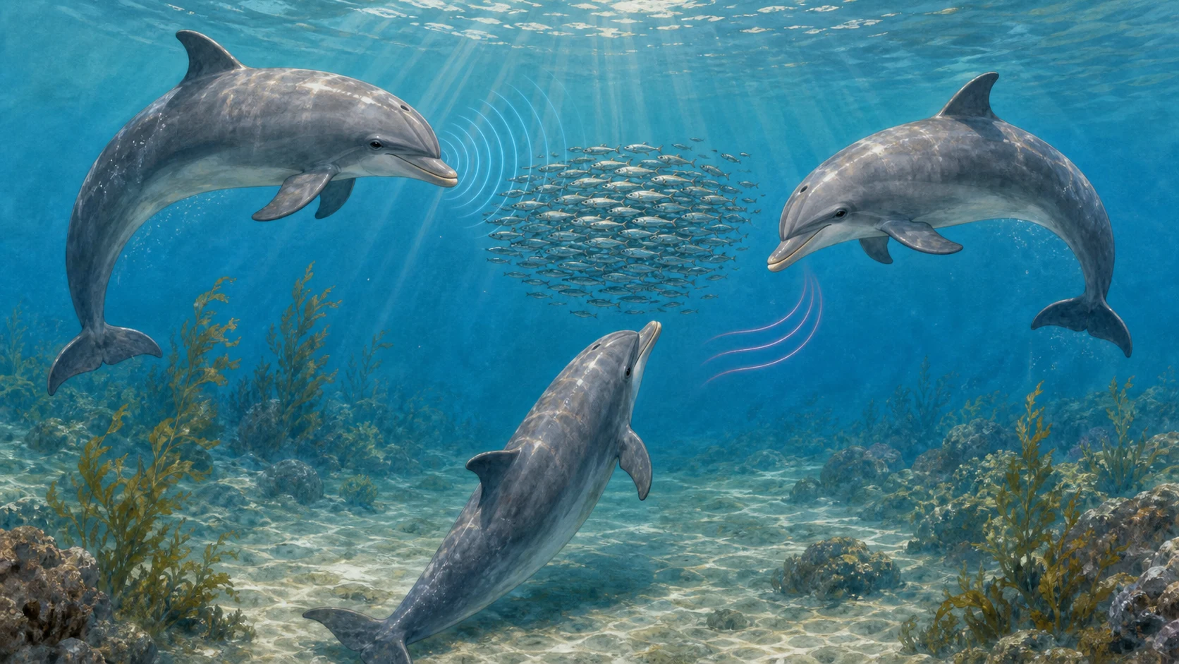 音を使いながら魚の群れを囲む3頭のイルカ
