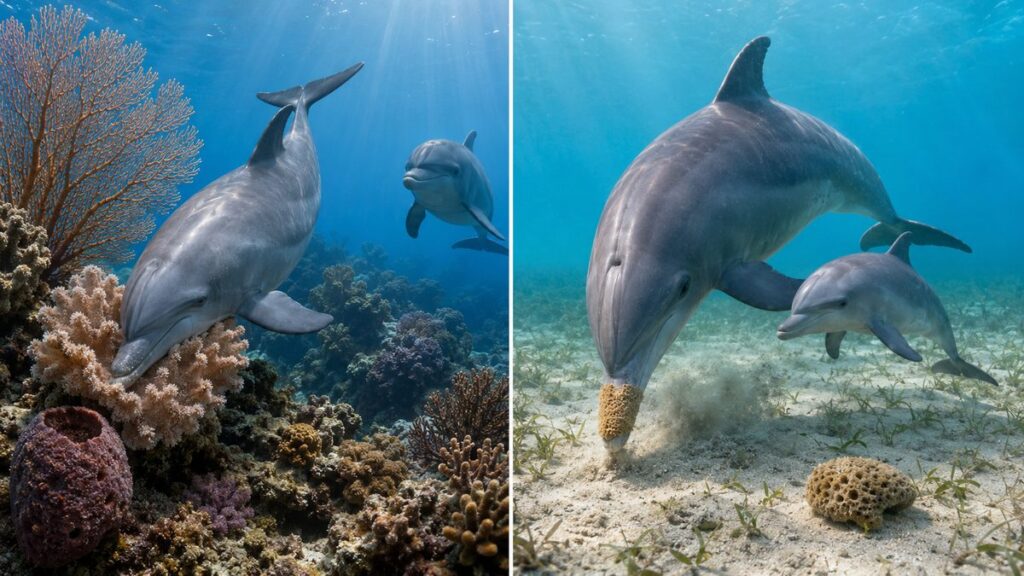 紅海でサンゴへ体をこするイルカと、シャーク湾で海綿を口先に使う母子を示す比較図