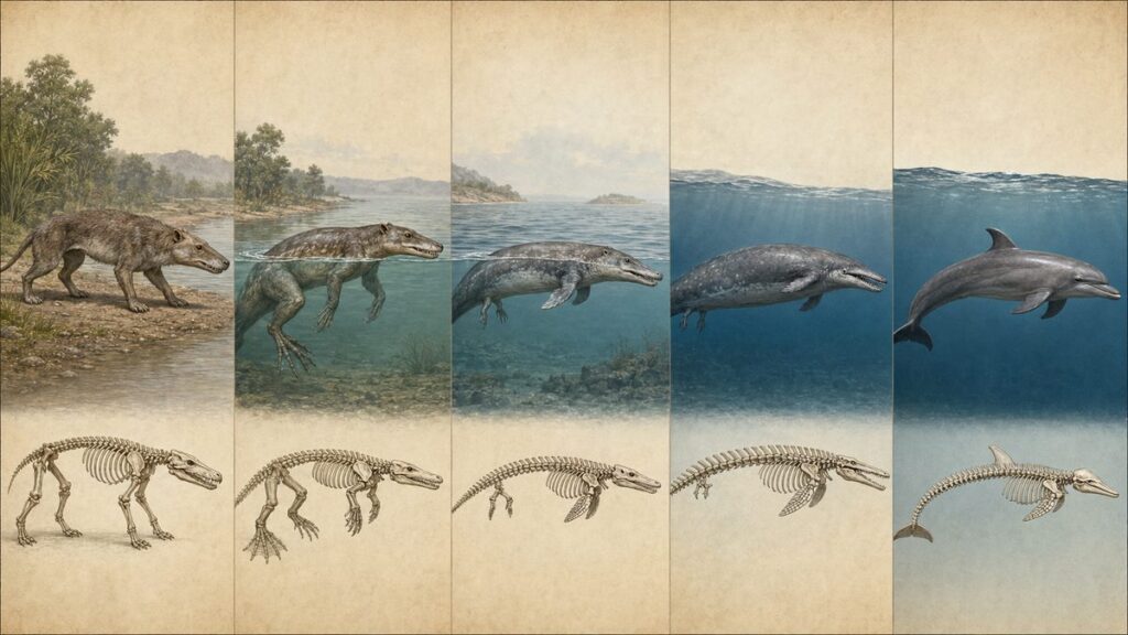 初期の陸生クジラ類から半水生型、沿岸遊泳型、完全海生古鯨、現生イルカまでを5場面で示した進化図