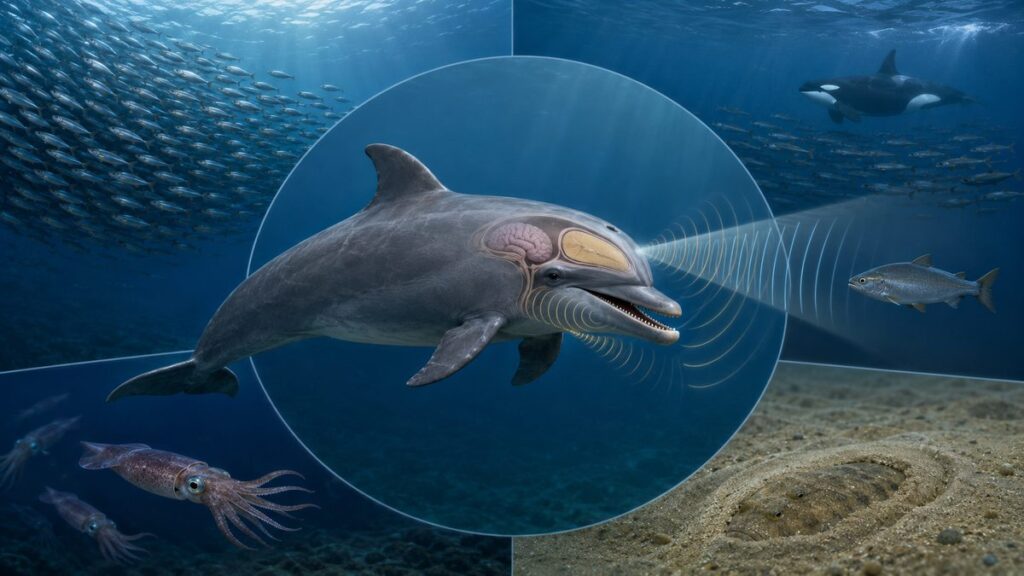 魚群、イカ、底生魚などの獲物と、イルカのクリック音が魚へ当たり反響する様子を示す図