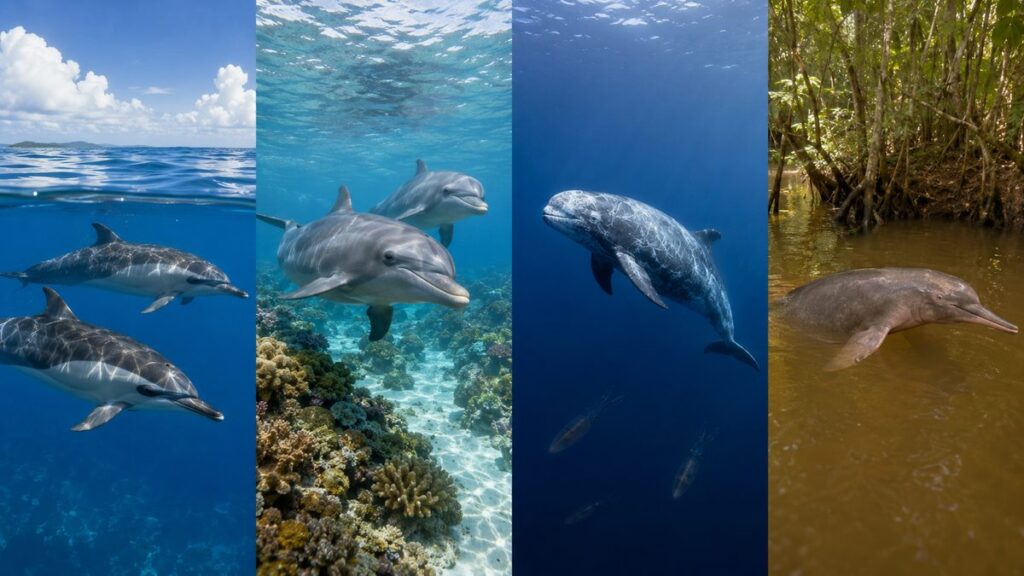 外洋、沿岸とサンゴ礁、深海斜面、濁った大河に暮らすイルカを4面で示した生息環境比較