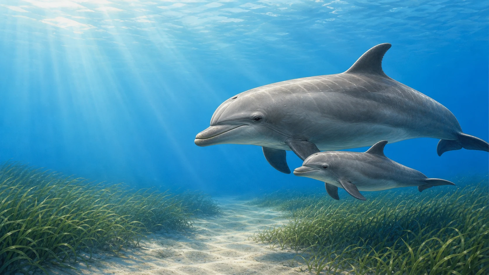 海草の上を泳ぐバンドウイルカの親子