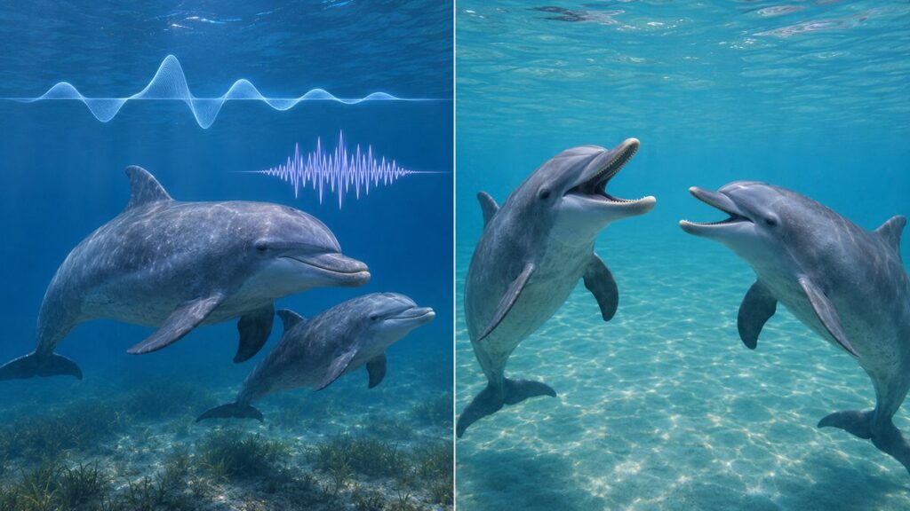 母子イルカの異なる笛の音波と、遊び中に口を開ける表情を返し合う2頭を示す研究図