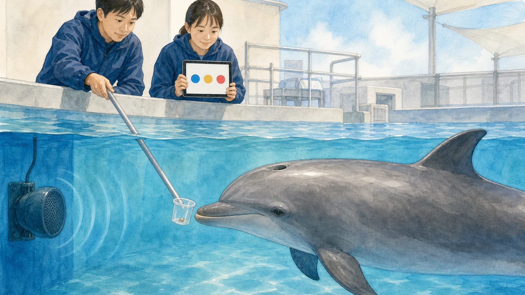 水中スピーカーと試料を使ったイルカの認識実験