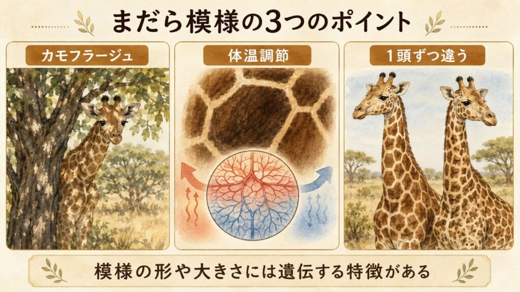 木漏れ日の中で身を隠す、皮膚から熱を逃がす、模様で個体を見分けるという3つの働きを示す図