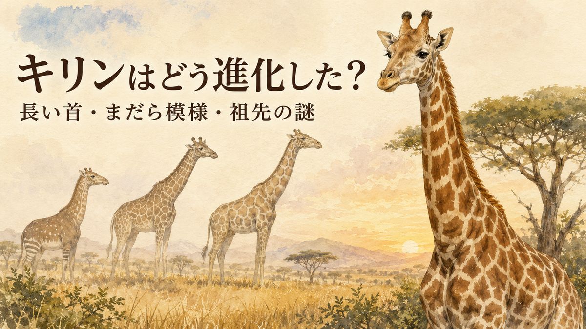 現生キリンの後ろに化石キリン類の姿が淡く重なる、キリンの進化を紹介する水彩調のアイキャッチ