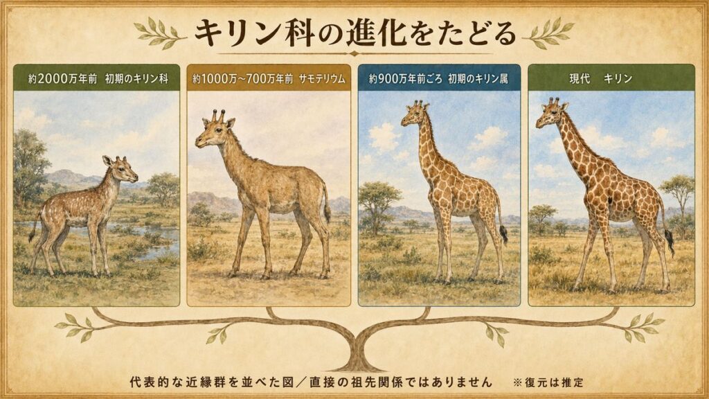 約2000万年前の初期キリン科、サモテリウム、初期キリン属、現代のキリンを枝分かれの考え方で並べた図