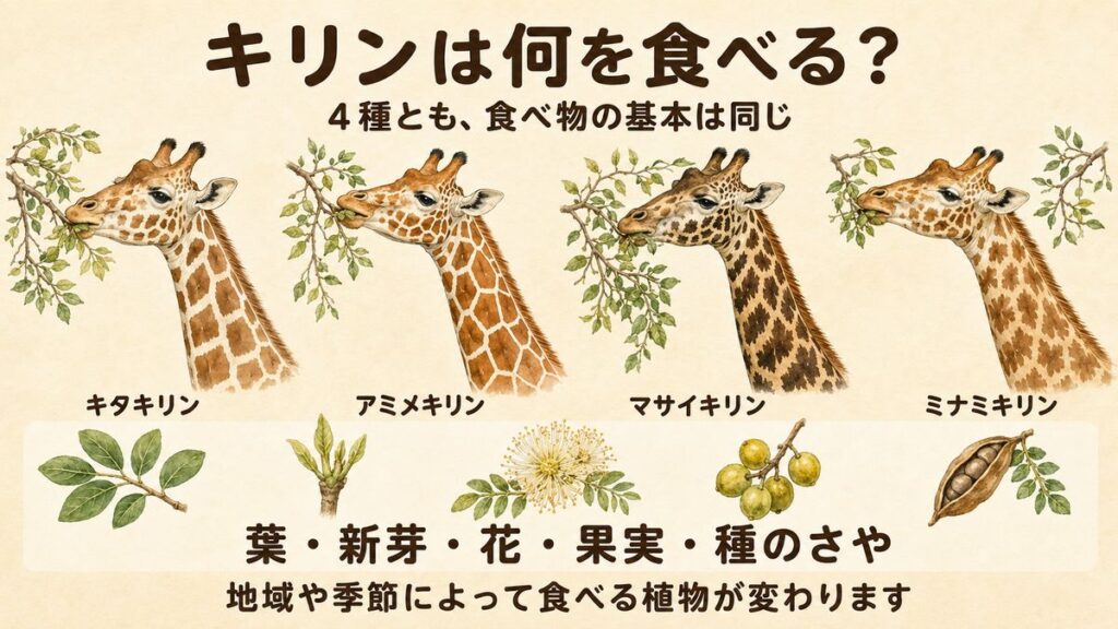 4種類のキリンが葉、新芽、花、果実、種のさやを食べることを示す図