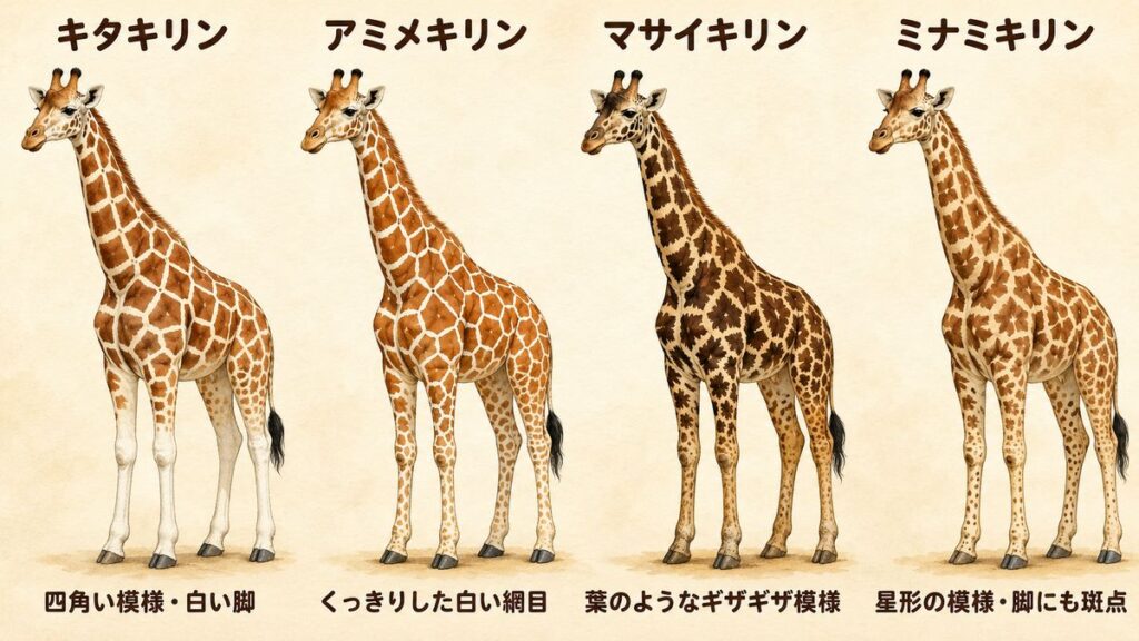 キタキリン、アミメキリン、マサイキリン、ミナミキリンの模様と脚を並べて比べた図