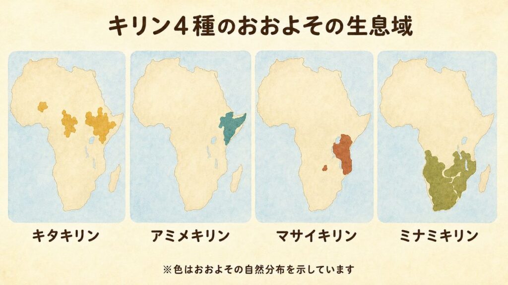 アフリカ地図にキタキリン、アミメキリン、マサイキリン、ミナミキリンのおおよその分布を示した図