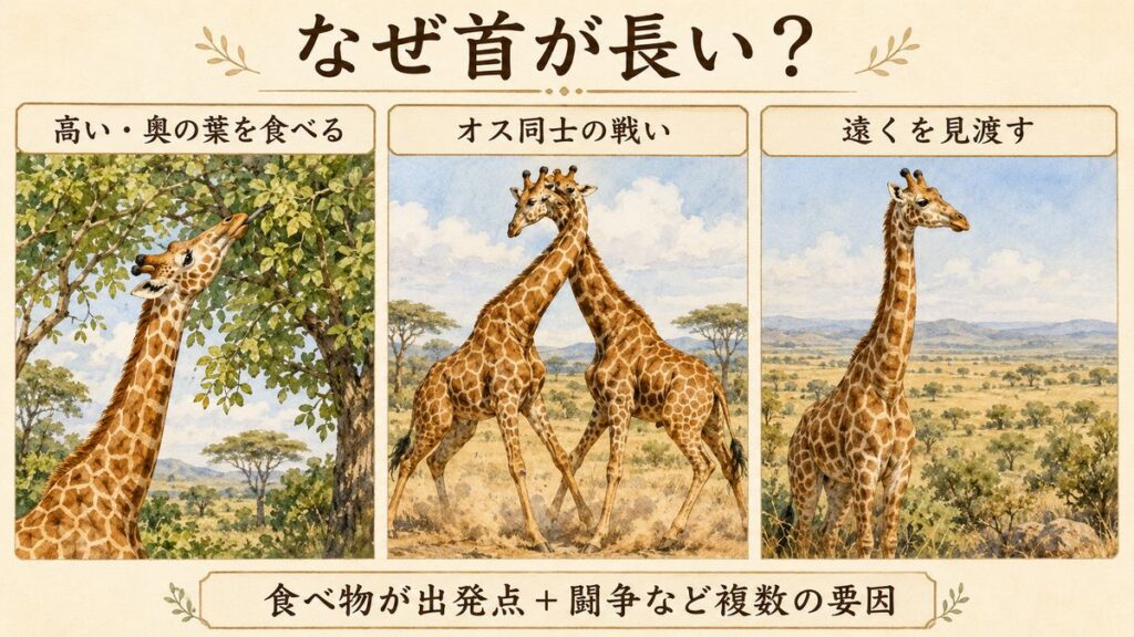 高い葉を食べるキリン、首を使って競争するオス、遠くを見るキリンを並べた図