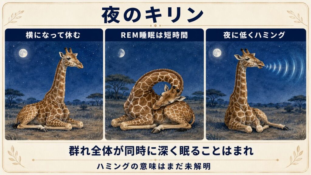 夜に横になって休むキリン、首を曲げて休む姿勢、低い声を出す様子を並べた図