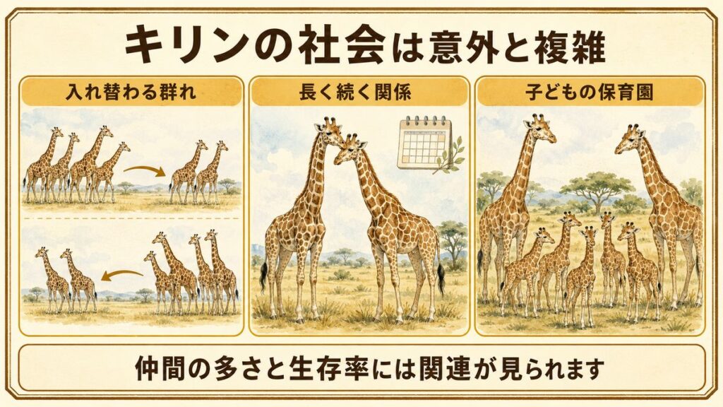 群れが集まったり分かれたりする様子、仲のよいメス、子どもを見守るキリンを並べた図