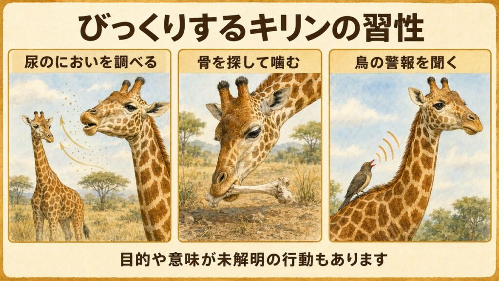 オスがにおいを調べる様子、骨を噛むキリン、鳥の声を聞いて周囲を見るキリンを並べた図