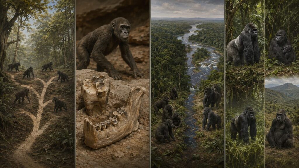 中新世の類人猿、化石歯、東西の森林分断、現生ゴリラを4面で示した図