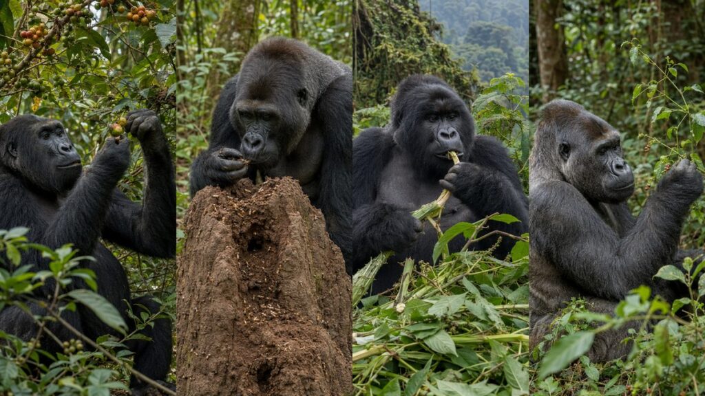 果実、シロアリ、草本の茎と髄、果実と葉を食べるゴリラの比較