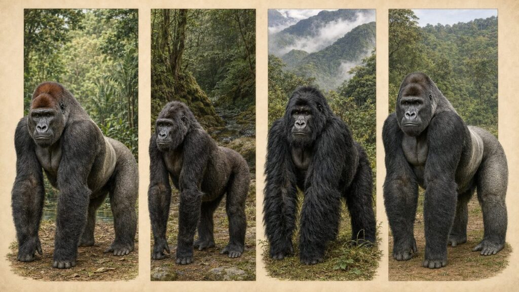 ニシローランド、クロスリバー、マウンテン、グラウアーゴリラを横並びにした比較図