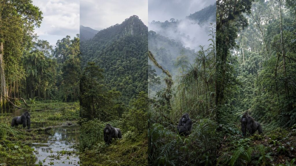 湿地性低地林、国境山地、雲霧林、コンゴ東部林を4面で示した生息環境比較