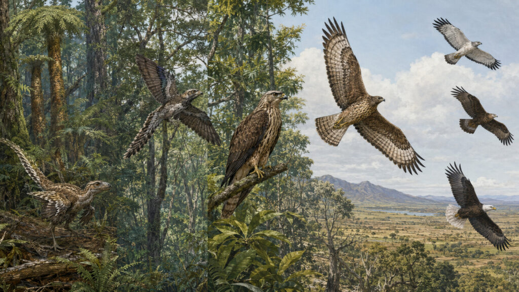 羽毛恐竜、初期鳥類、始新世の猛禽、現生タカ科を並べた進化の場面