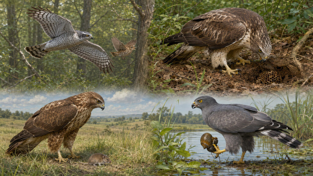 小鳥、ネズミ、カエル、ハチの巣、巻貝などタカ科の多様な食べ物