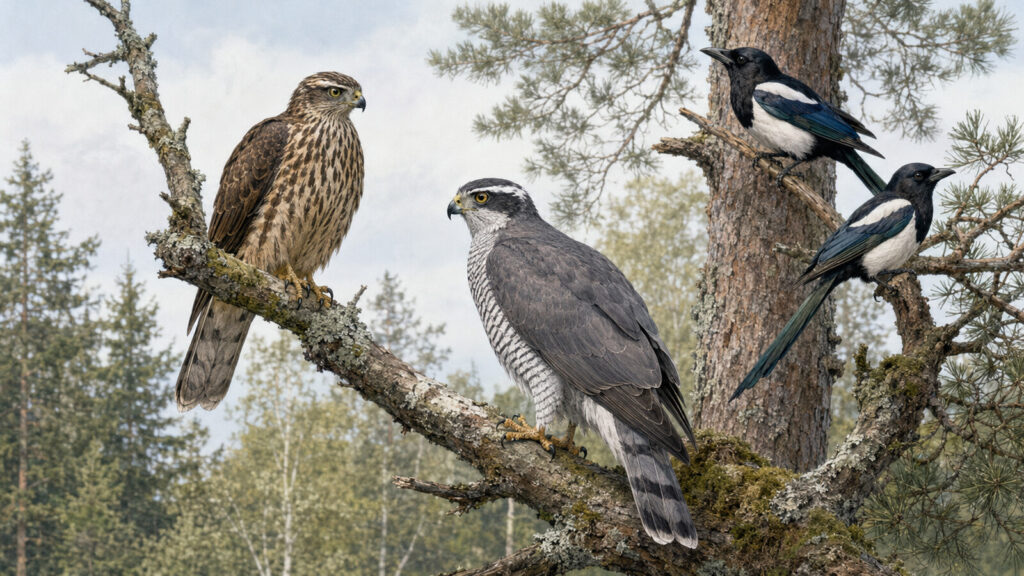 褐色で縦斑のある若いオオタカと灰色で横斑のある成鳥を警戒するカササギ