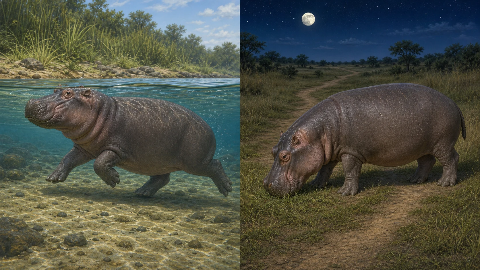 水底を蹴るカバと夜に草を食べるカバの比較