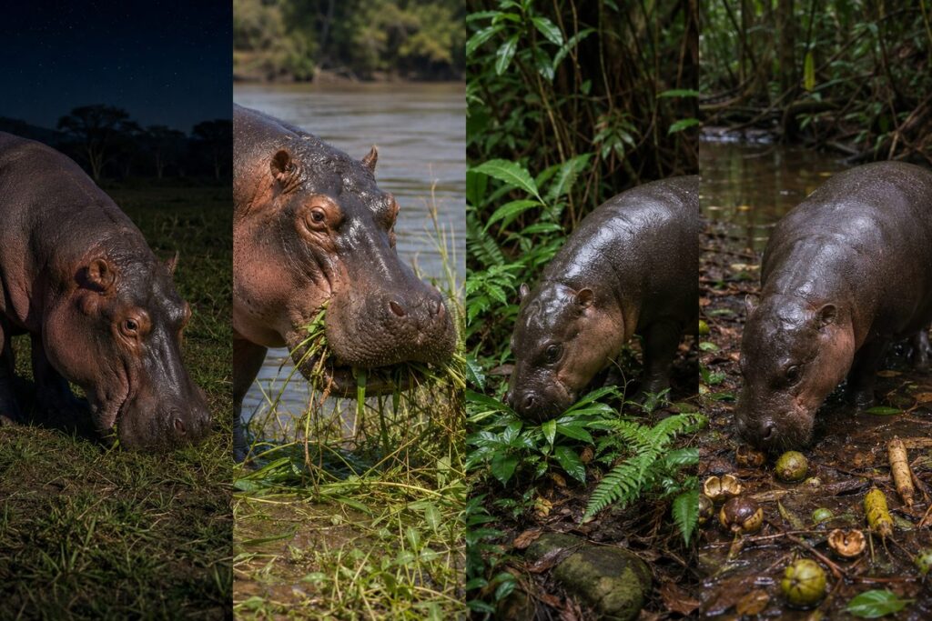 草や草本を食べるカバと葉やシダや落果を食べるコビトカバの4面比較