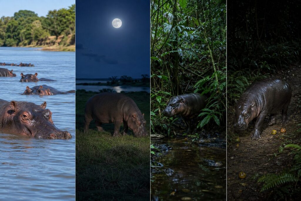 昼の川と夜の草地を使うカバ、森林の小川と夜道を使うコビトカバの4面比較