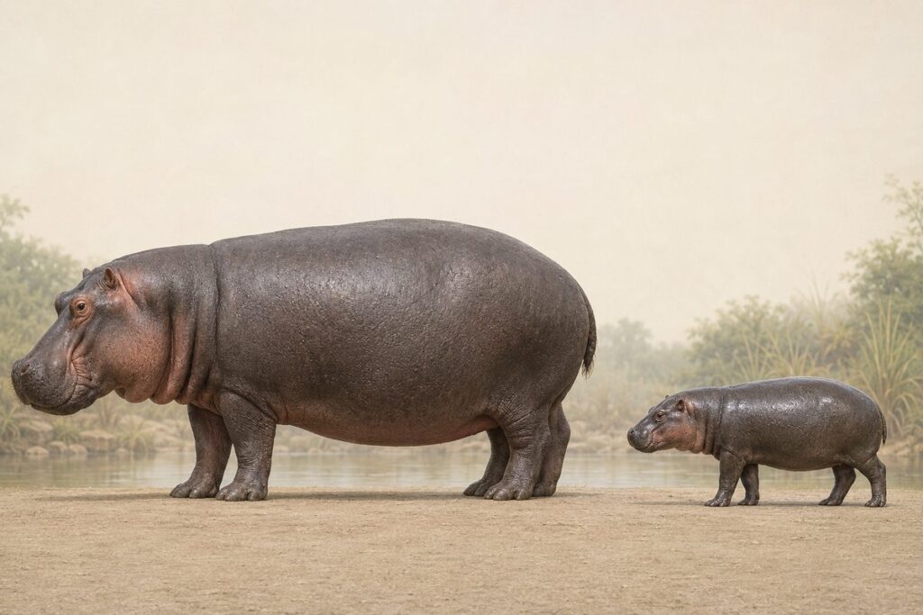 大型のカバと小型のコビトカバを同じ基準線と相対サイズで横並びにした図