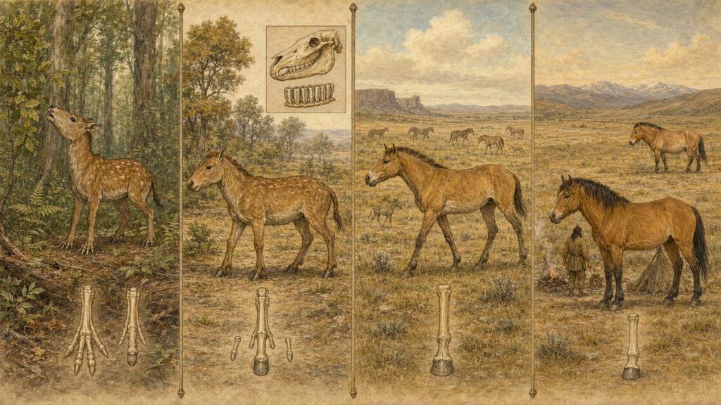 約5500万年前の初期ウマ科、三本指の草原性ウマ、ウマ属、現代家畜馬を4面で示した進化タイムライン