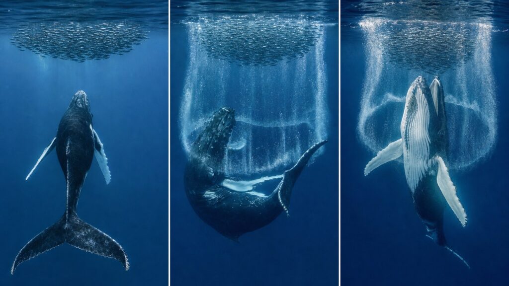 ザトウクジラが潜降、気泡の円筒形成、中央からの突進を行う泡網採食の写実的な連続図