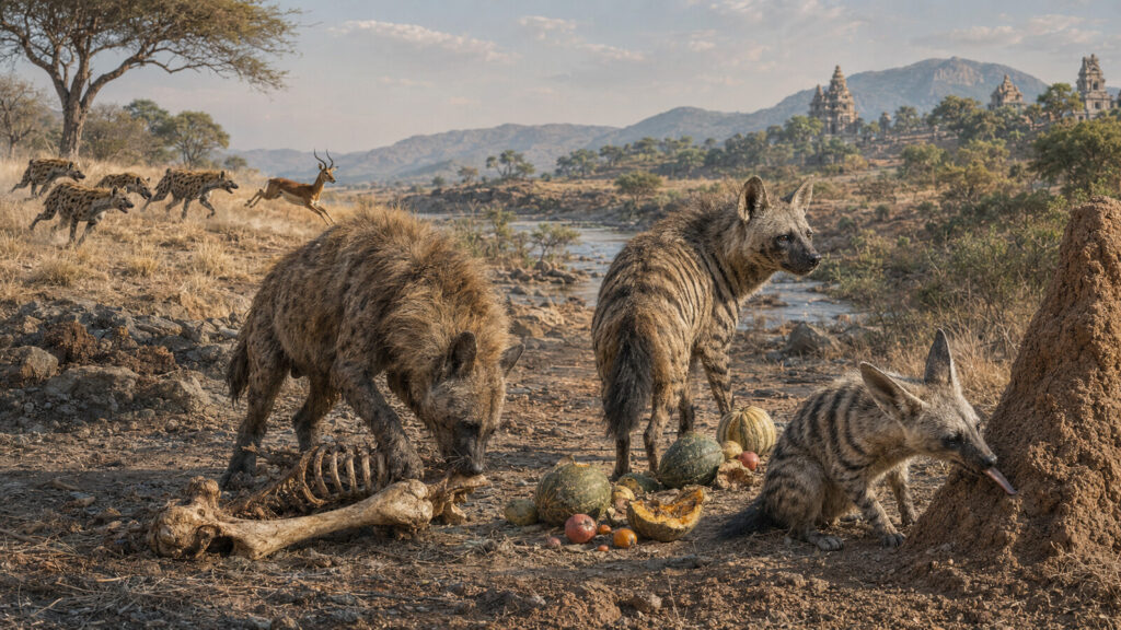 ブチハイエナの狩り、カッショクハイエナの腐肉食、シマハイエナの果実食、アードウルフのシロアリ食を描いた図