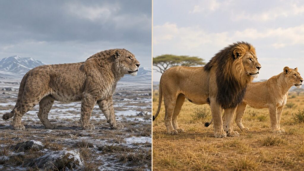 寒冷な更新世草原の洞窟ライオンと現代アフリカのライオンを左右で比較した図