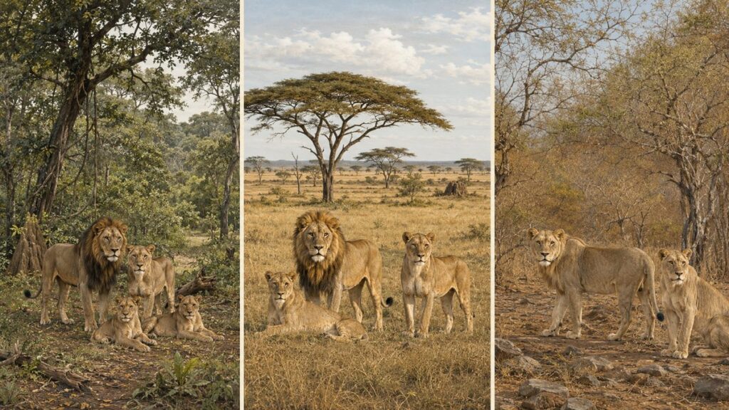 西・中央アフリカ、東・南部アフリカ、インドのライオンと生息環境を3面で比較した図