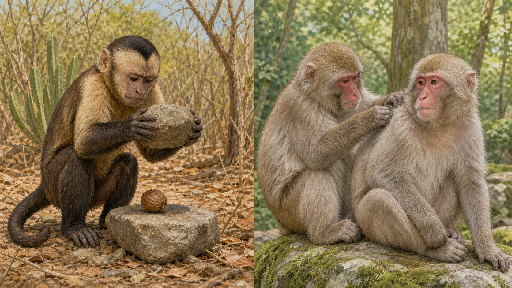 石を使うオマキザルと毛づくろいするニホンザル