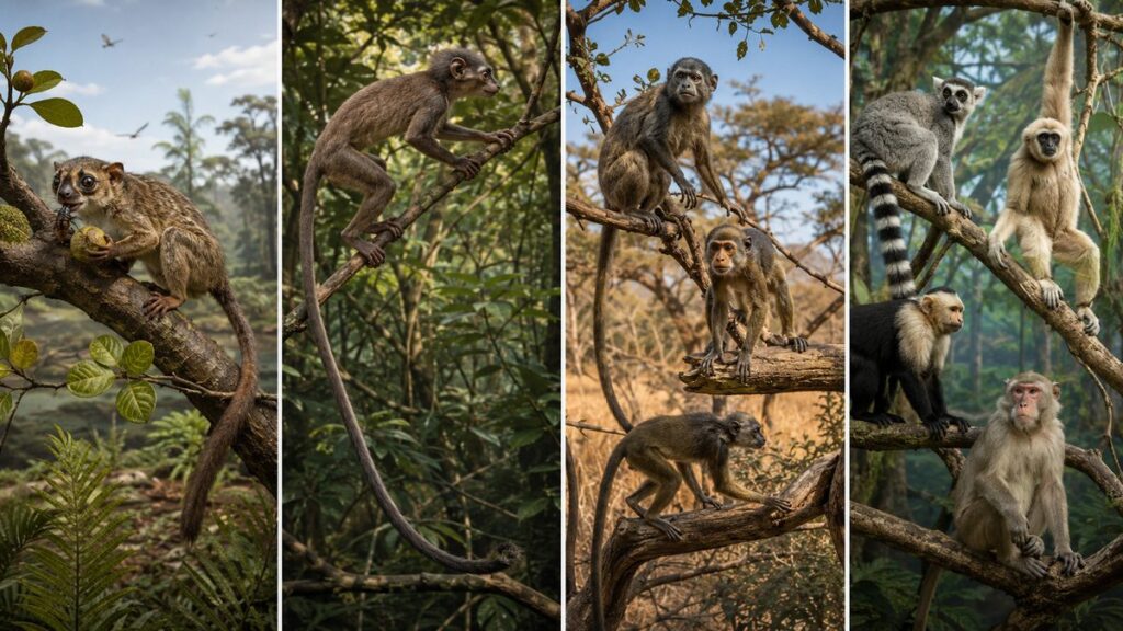 Purgatorius型、Archicebus型、初期真猿類、現生霊長類を4面で示した進化図