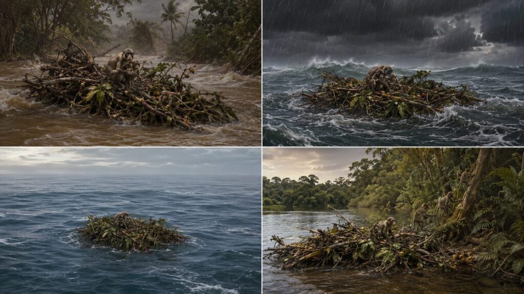 洪水で生じた植生塊が嵐と海流で漂い南米へ着くまでを4面で示した図