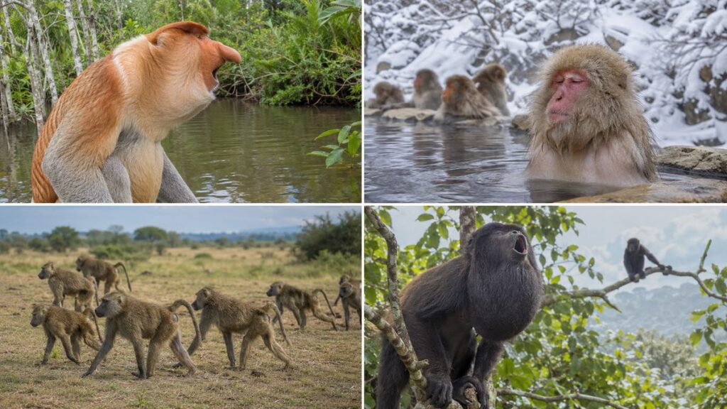 テングザルの鼻声、ニホンザルの温泉、ヒヒの共有移動、ホエザルの咆哮を4面で示した図