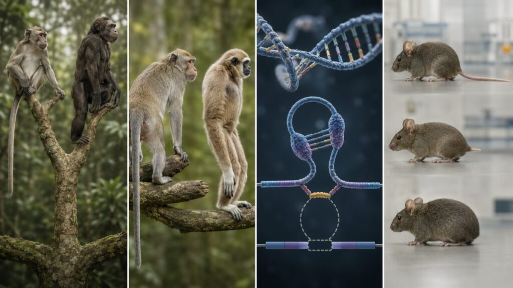 尾のある旧世界ザルと尾のない類人猿、RNAスプライシング、尾の長さが異なるマウスを示した図