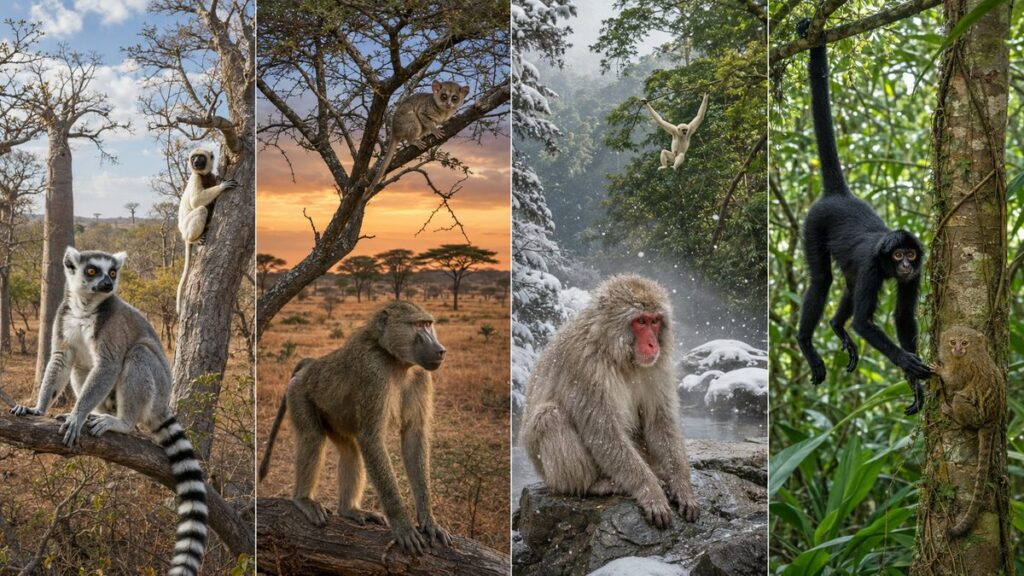 マダガスカル、アフリカ、アジア、中南米の霊長類と生息環境を4面で比較した図