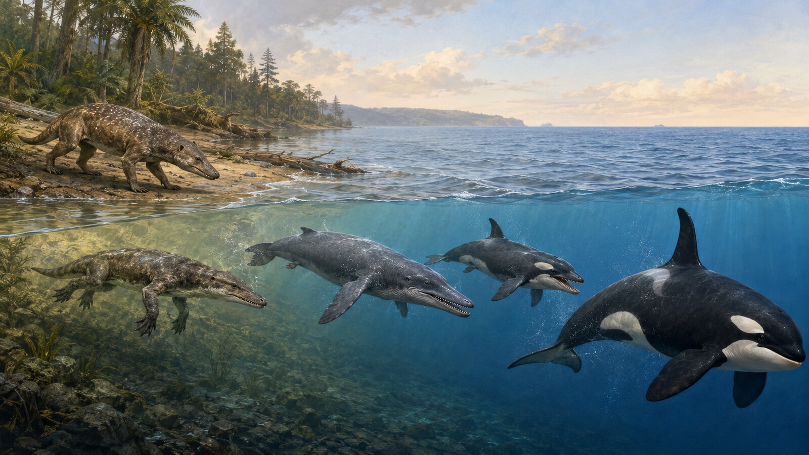 4本脚の初期クジラ、半水生クジラ、完全水生クジラ、化石シャチ、現生シャチを描いた進化記事のアイキャッチ