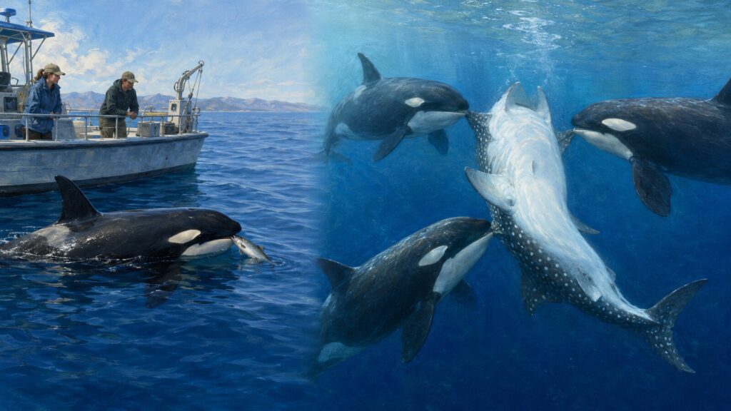 船の近くへ魚を置いて反応を待つシャチと、ジンベエザメを協力して狩る群れを二場面で示した研究図